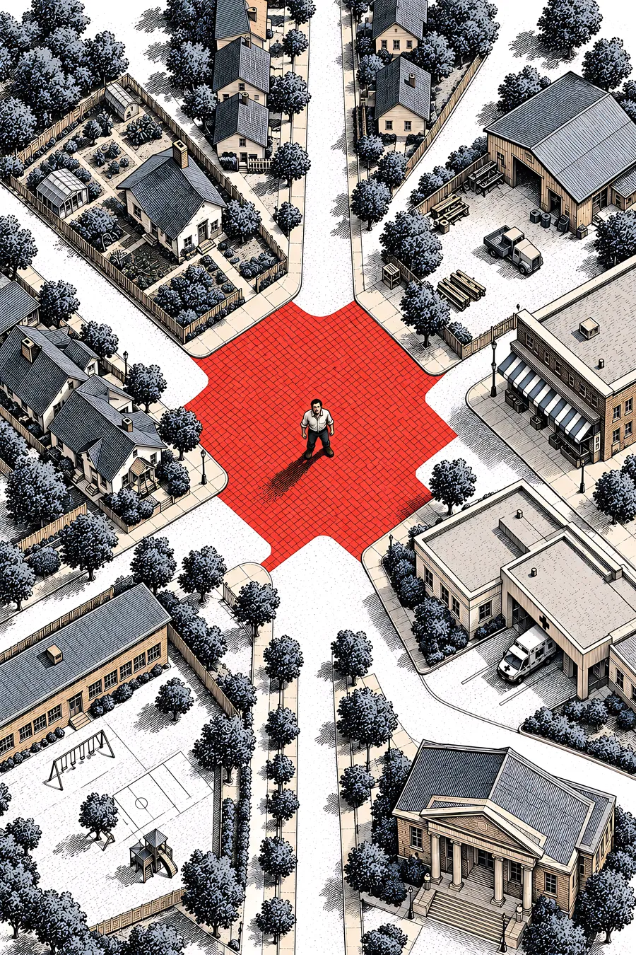 Illustration: the man standing alone in a town square seen from high above, every street converging on him