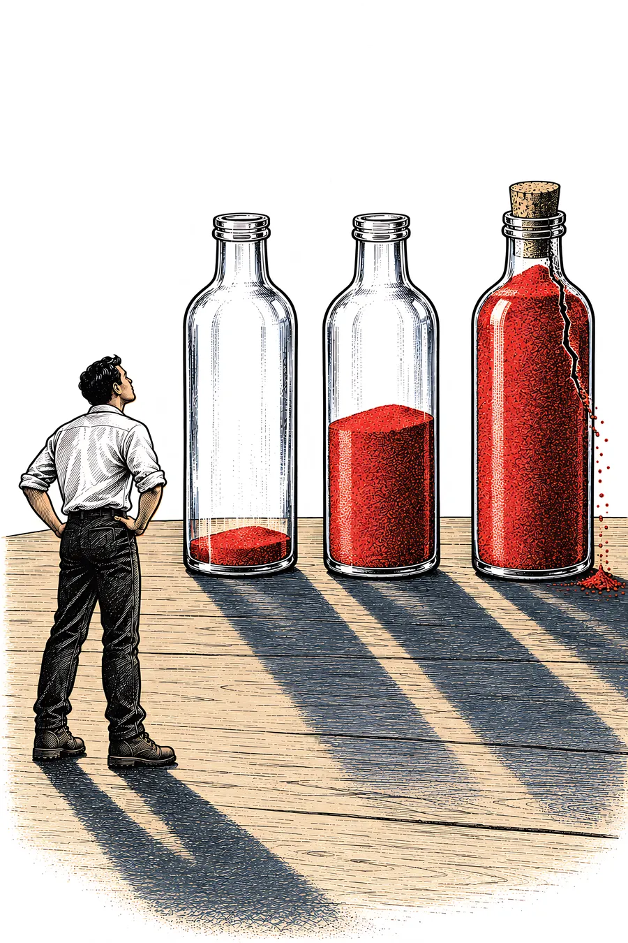 Illustration from Problems Pay: a man stands before three bottles filling with red sand, the last one cracked