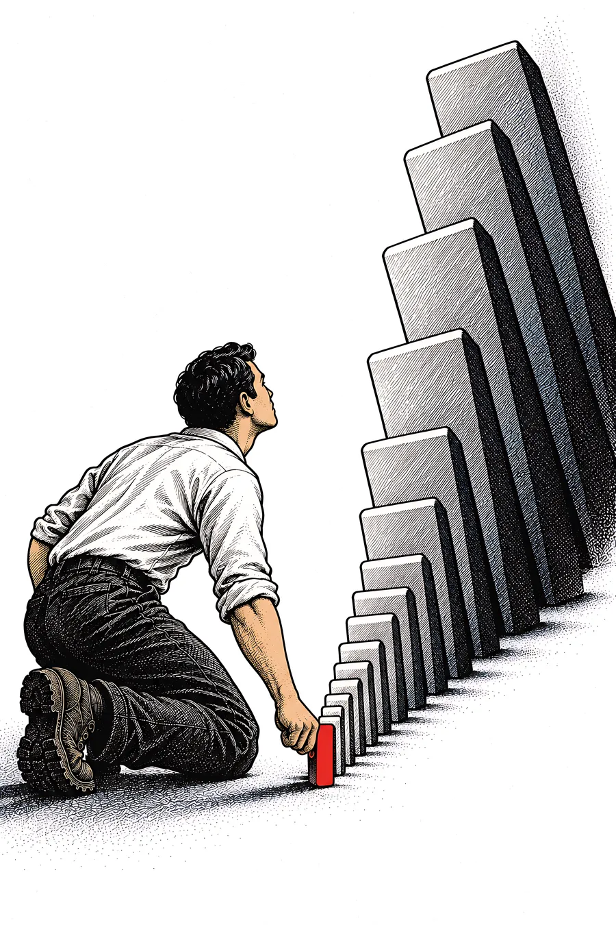 Illustration: a man on one knee holding the first small domino still while the line behind it grows larger and larger
