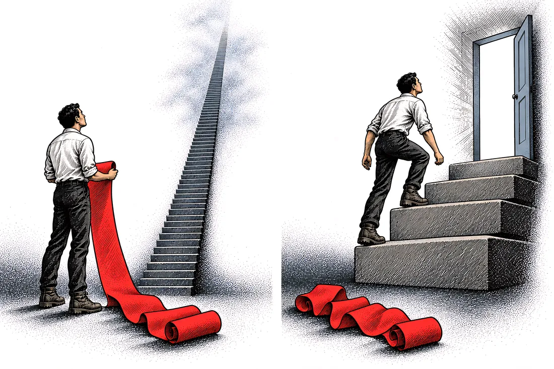 Illustration: a list unrolling into a staircase that climbs out of sight, and the same man taking the first of three big steps toward an open door
