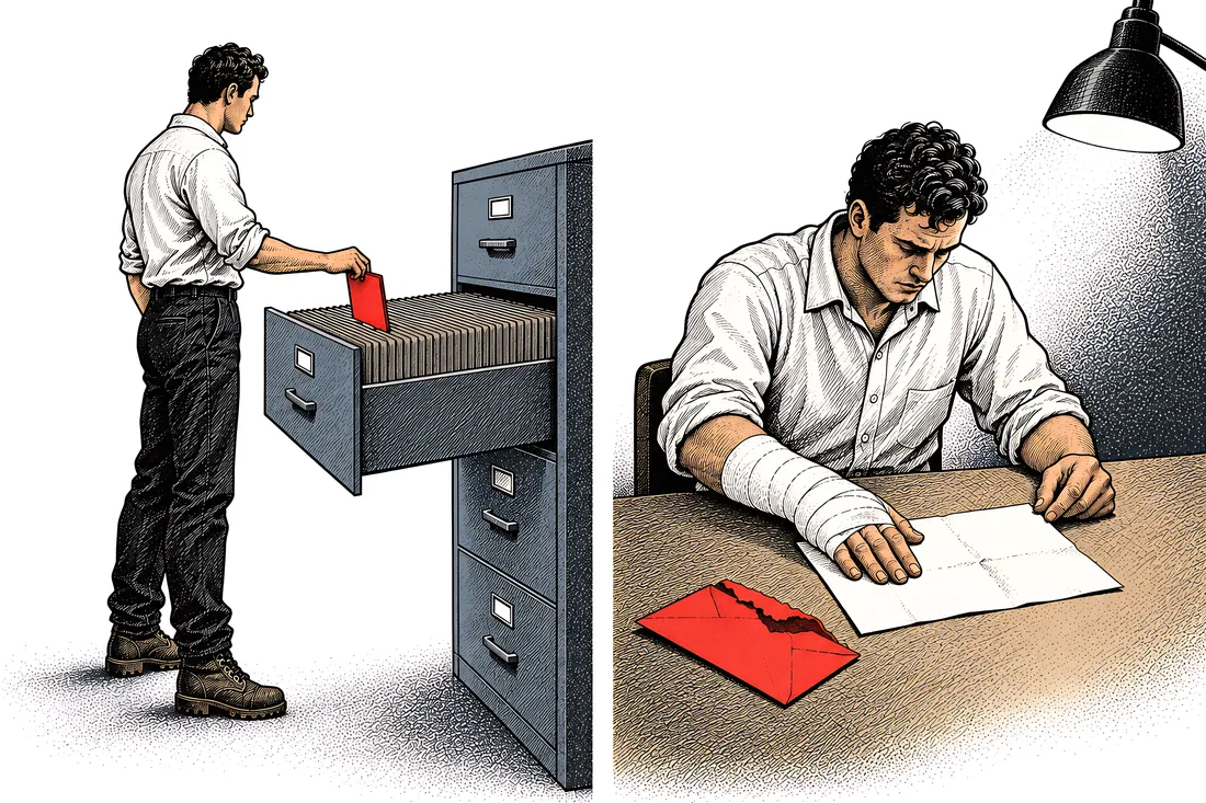 Illustration: a man sliding one more folder into a full drawer, and the same man with a bandaged hand reading the one page that came with a bill