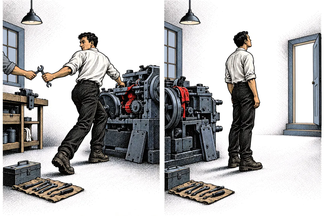 Illustration: a man taking the tool he asked for back to the machine, and the same man standing still beside it, waiting