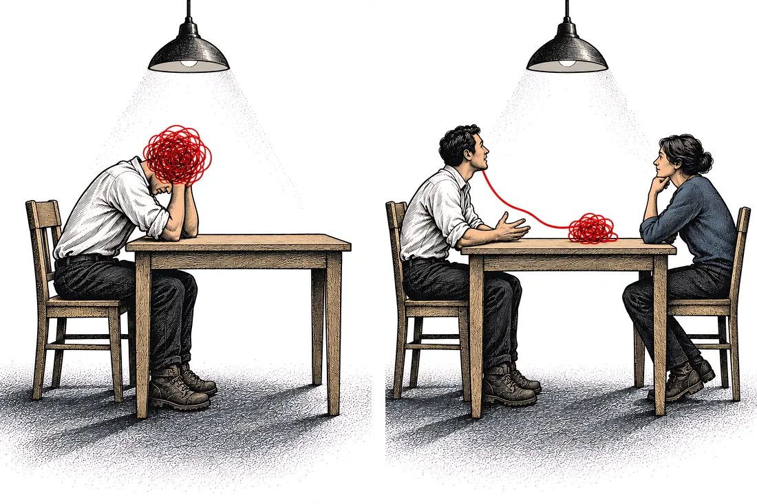 Illustration: a man across a table from someone with the tangle of his problem laid out between them