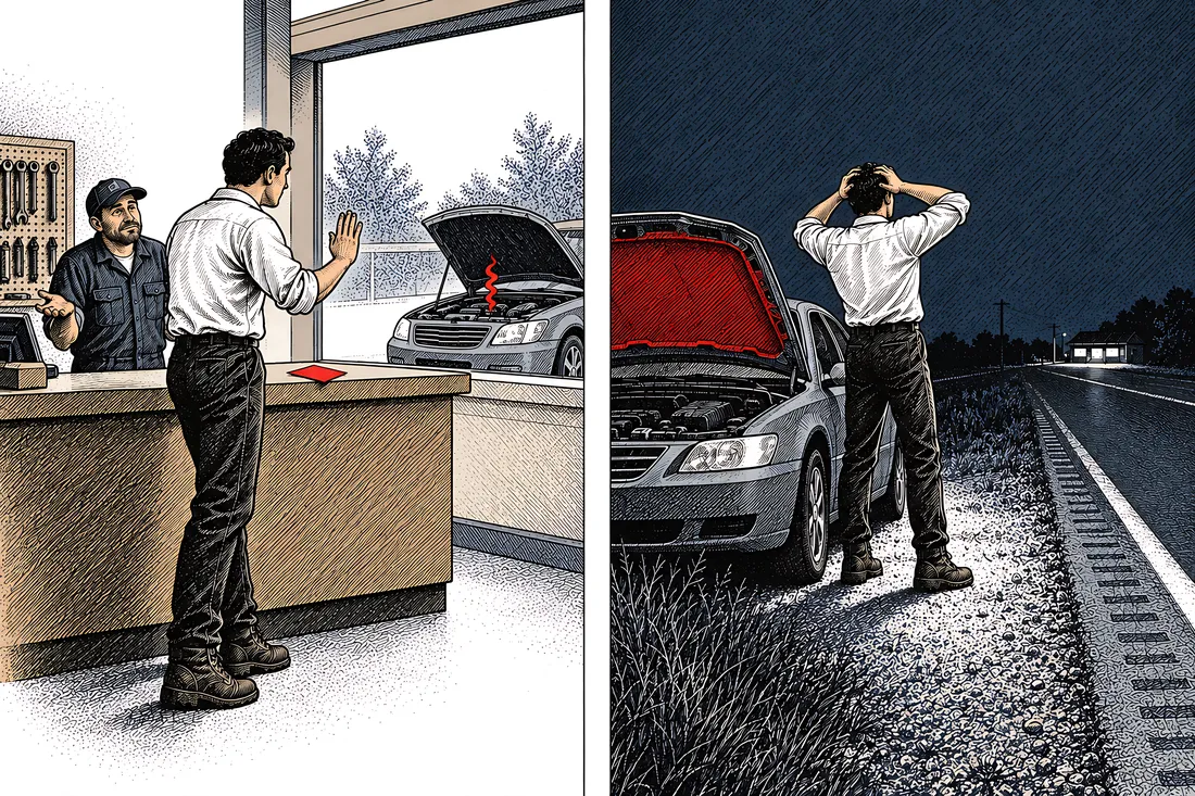 Illustration: a man waving off a small repair, then beside the stalled car at night