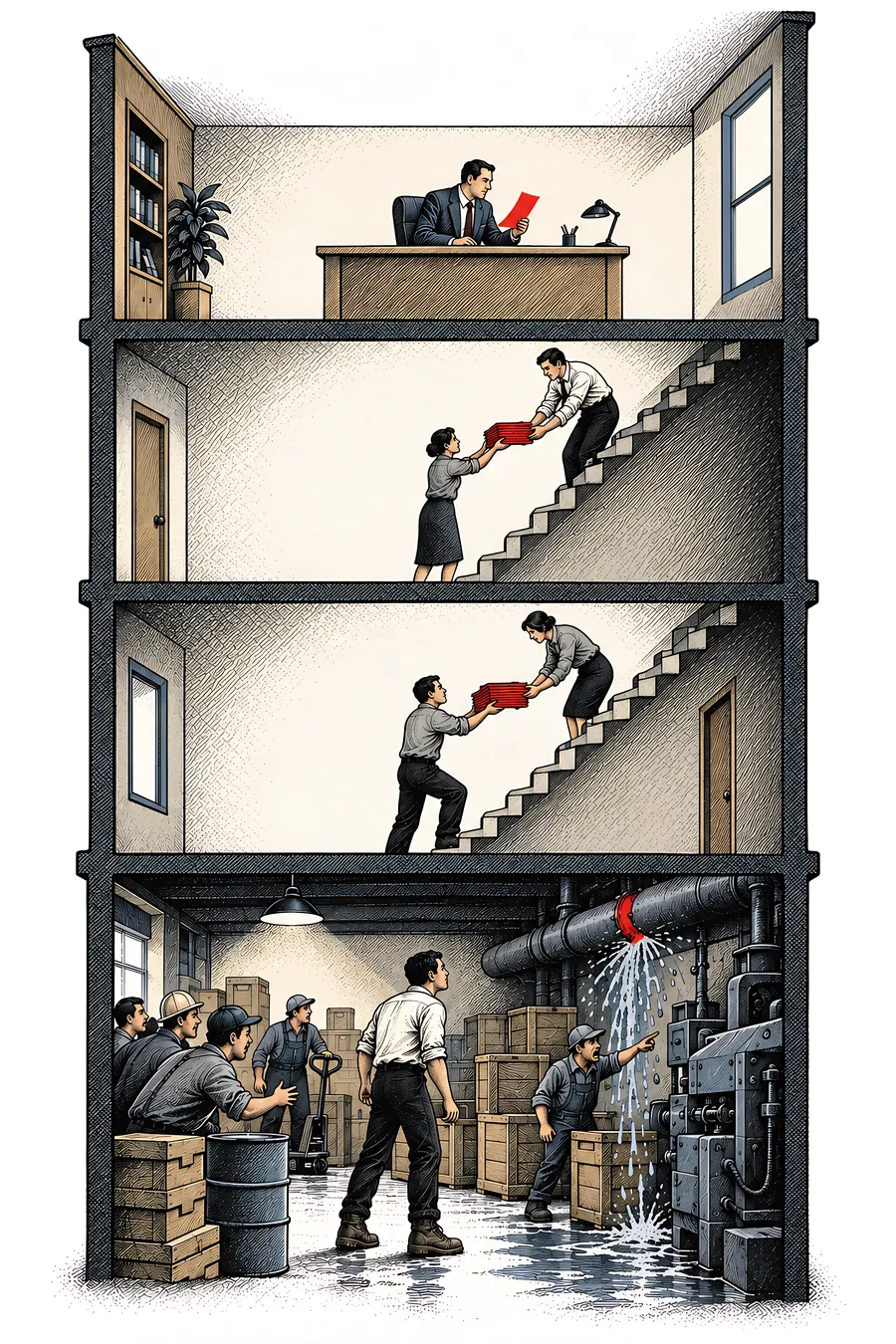Illustration: a building cut open, the report read at the top and the floor at the bottom where the problem is happening