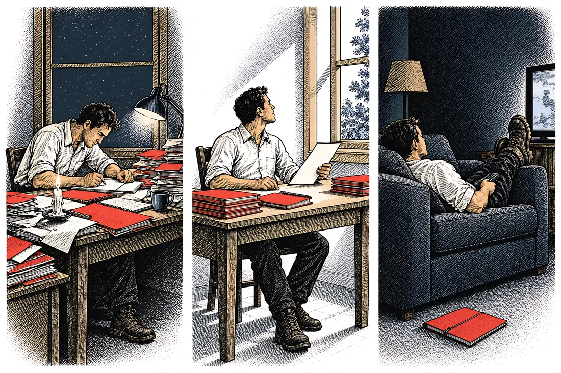 Illustration: two kinds of calm, a man working through the night at his desk and the same man on a couch with the folder unopened