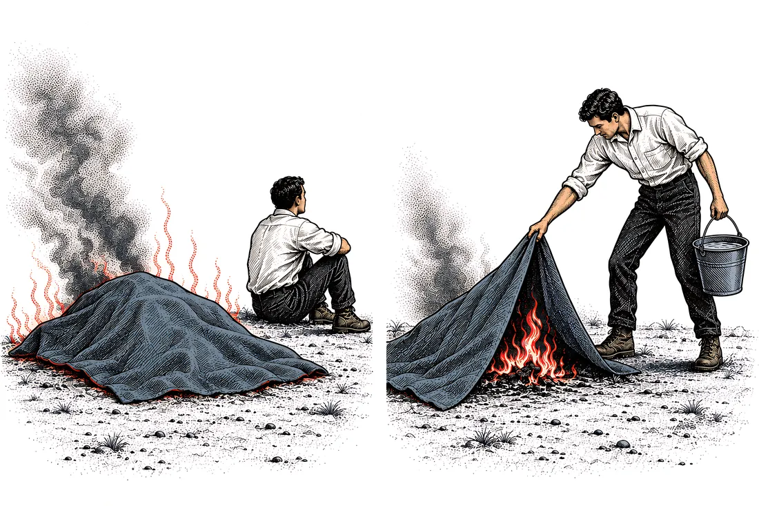 Illustration: a man sitting beside a fire smothered by a blanket with smoke rising, then lifting the blanket with a bucket in hand