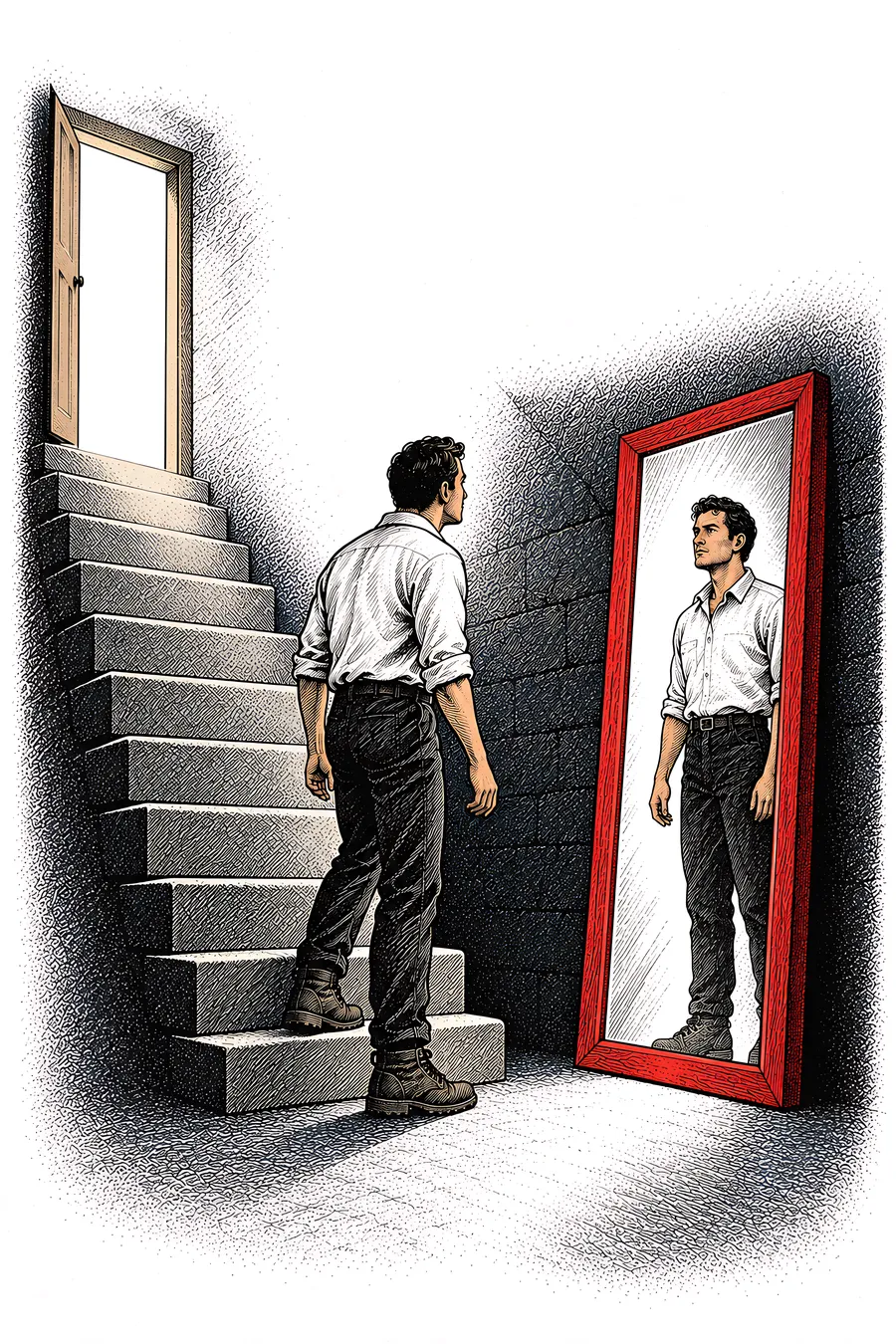 Illustration: the man coming down cellar steps to a tall mirror where his own reflection waits
