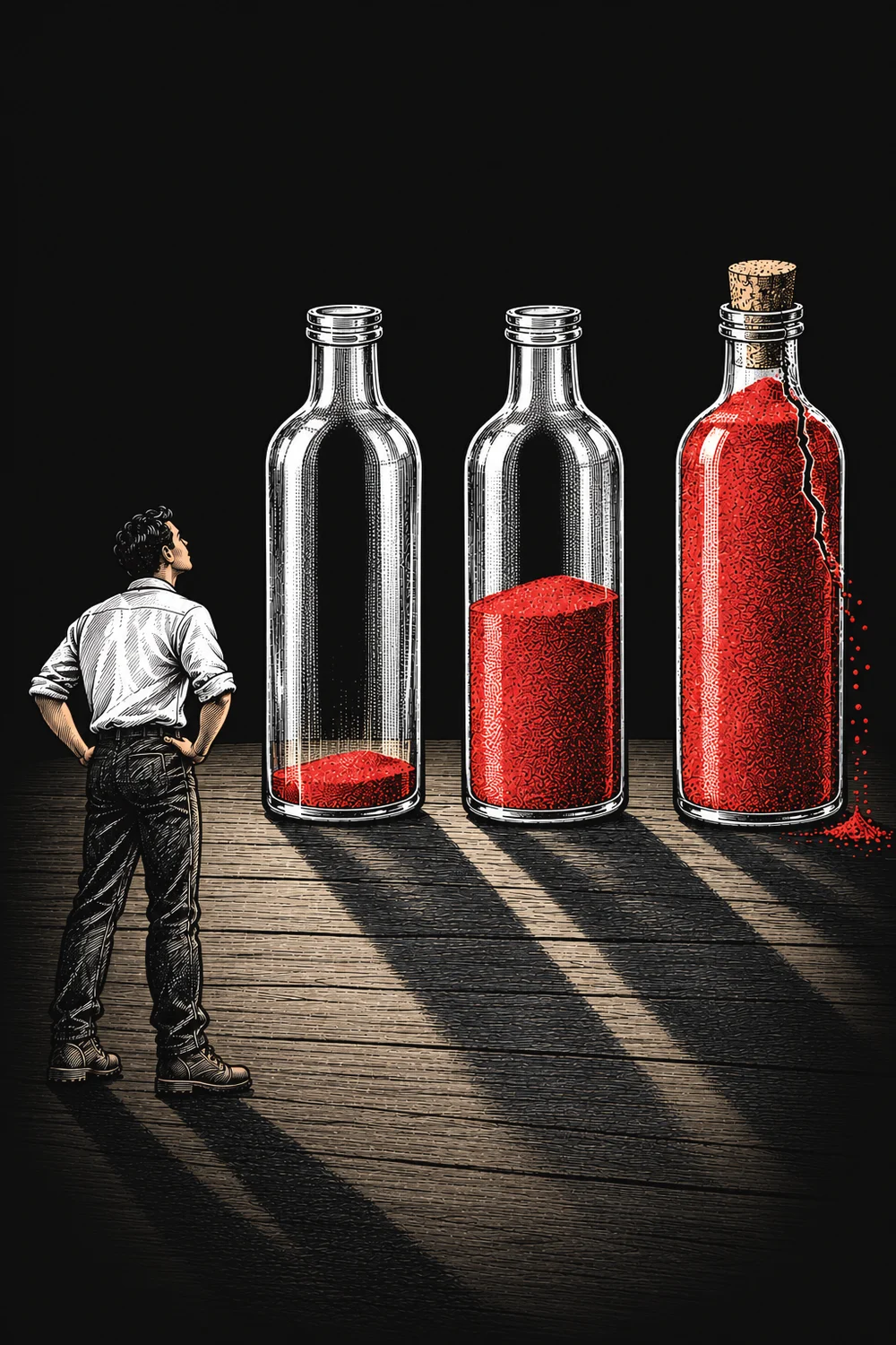 Illustration from Problems Pay: a man looks at three bottles filling with red sand, the last one cracked and leaking