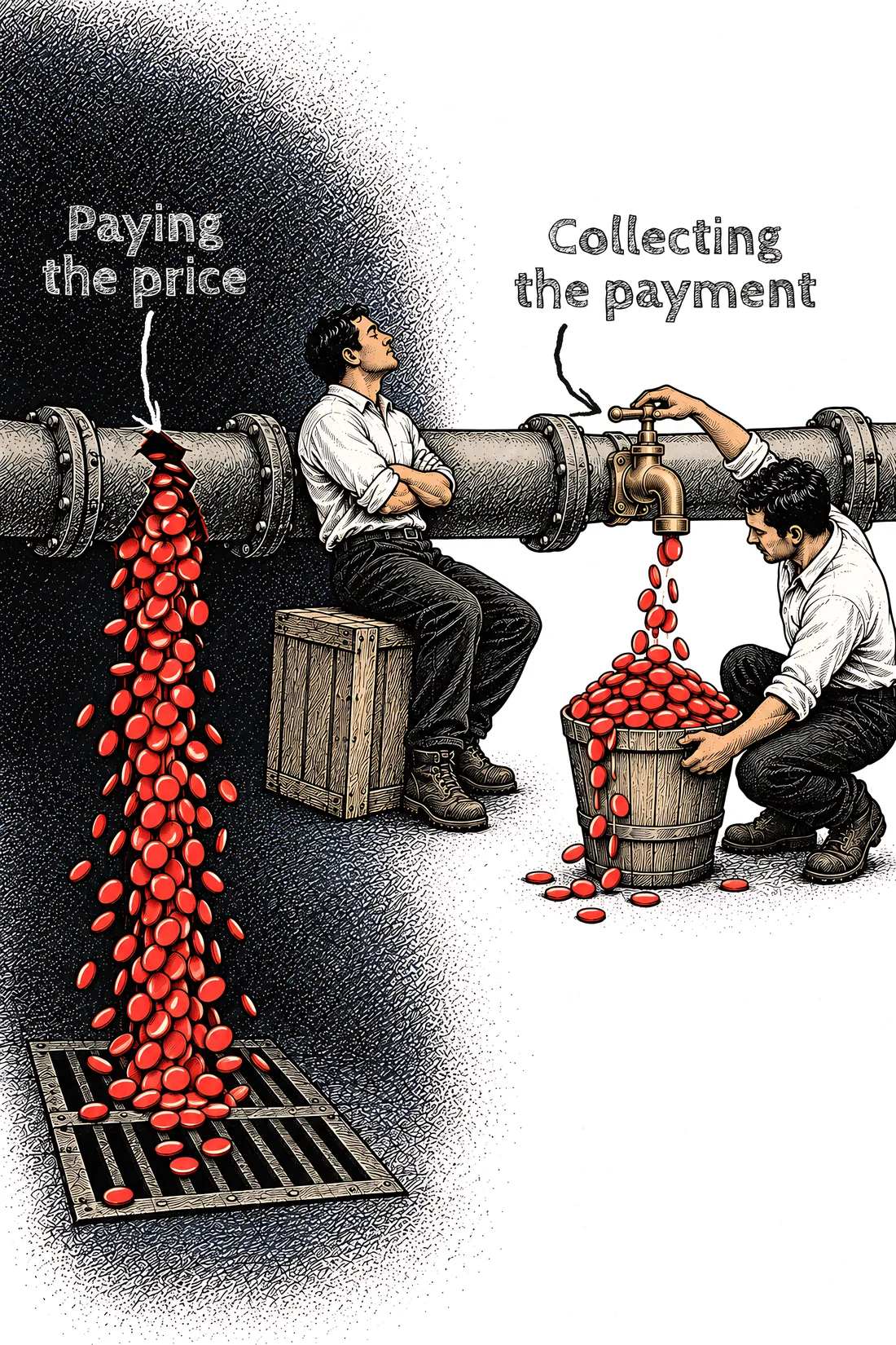 Illustration: one man pays the price as red coins drain away, another collects the payment from the same pipe