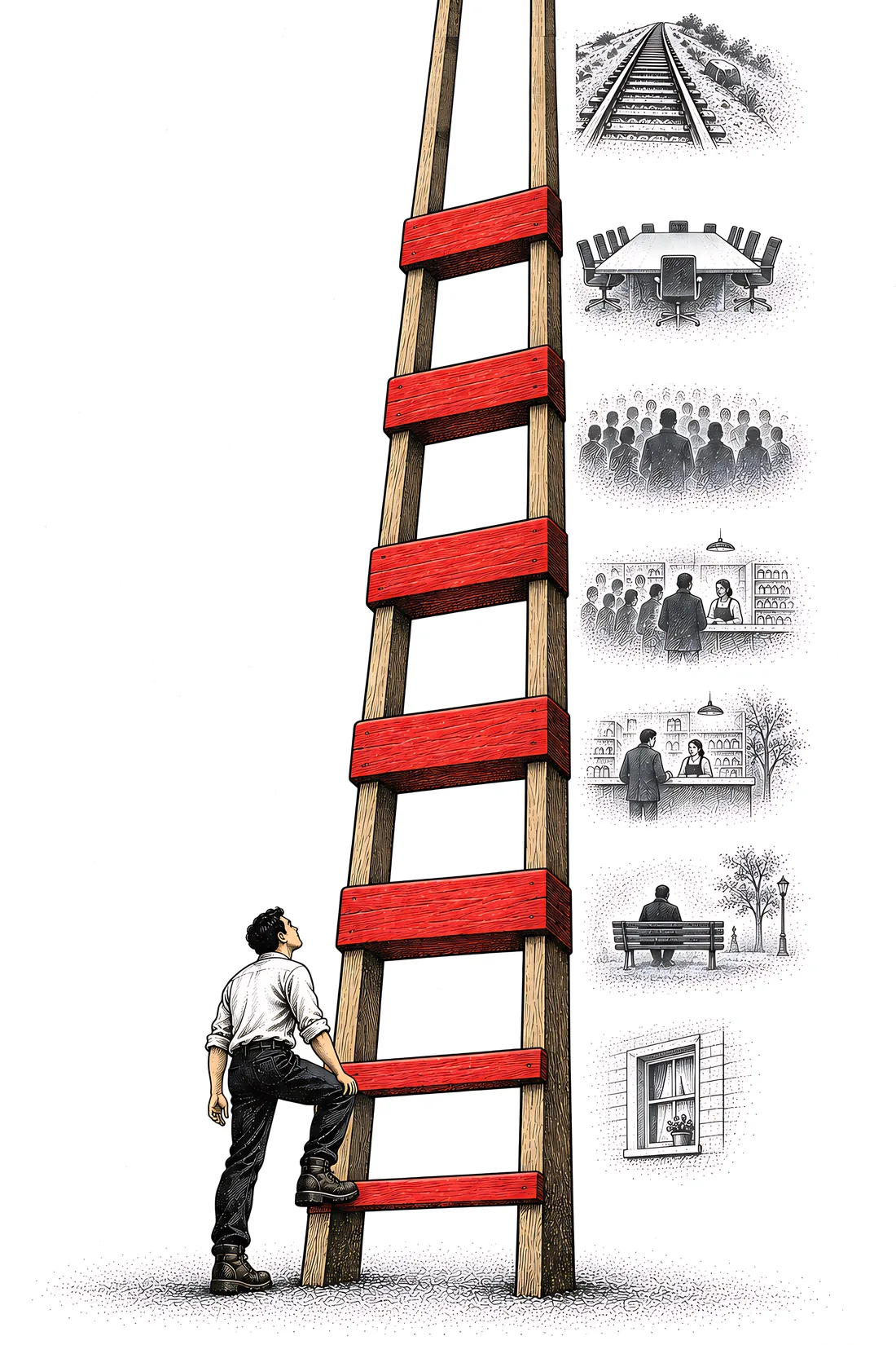 Illustration from Problems Pay: a man at the foot of a ladder with red rungs, each rung a bigger problem