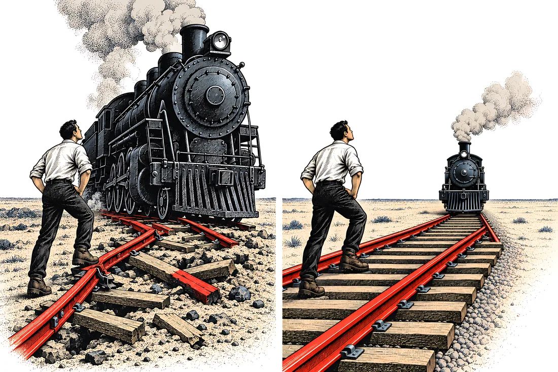 Illustration: a train stalled on broken track, then running on rails laid in red